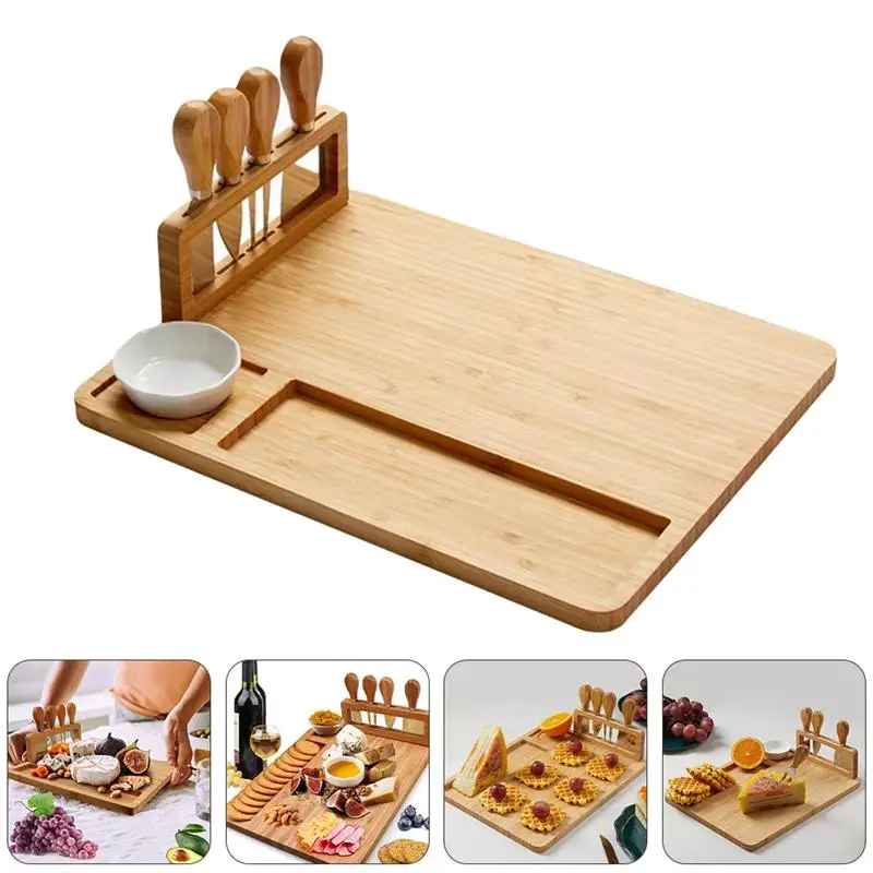 

1 Set Bamboo Cheese Board Cutting Board With Stainless Steel Knives Cheese Tray Charcuterie Boards Extra Large