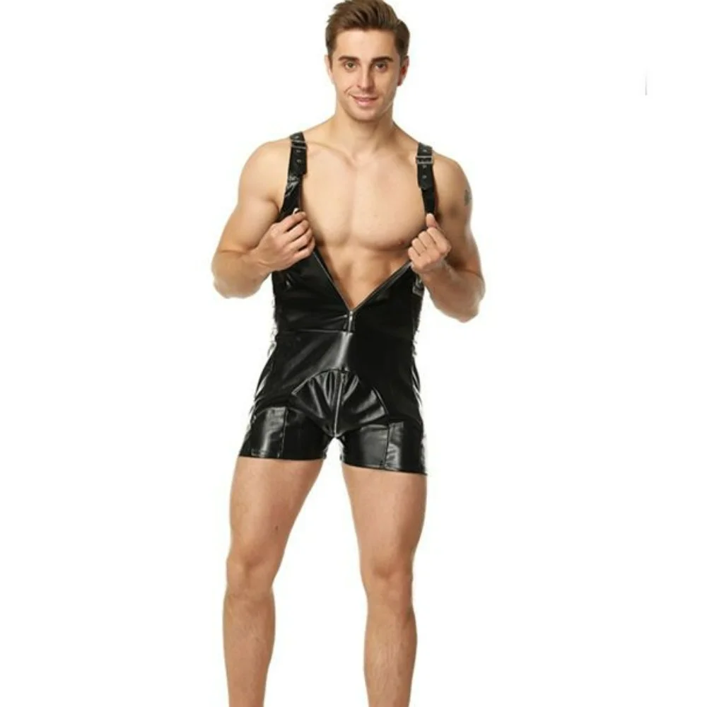 Mens Exotic Parties Night Black PU Leather Streetwear Bodysuit Playsuit European Overalls Temptation Flirting Jumpsuit Lingerie