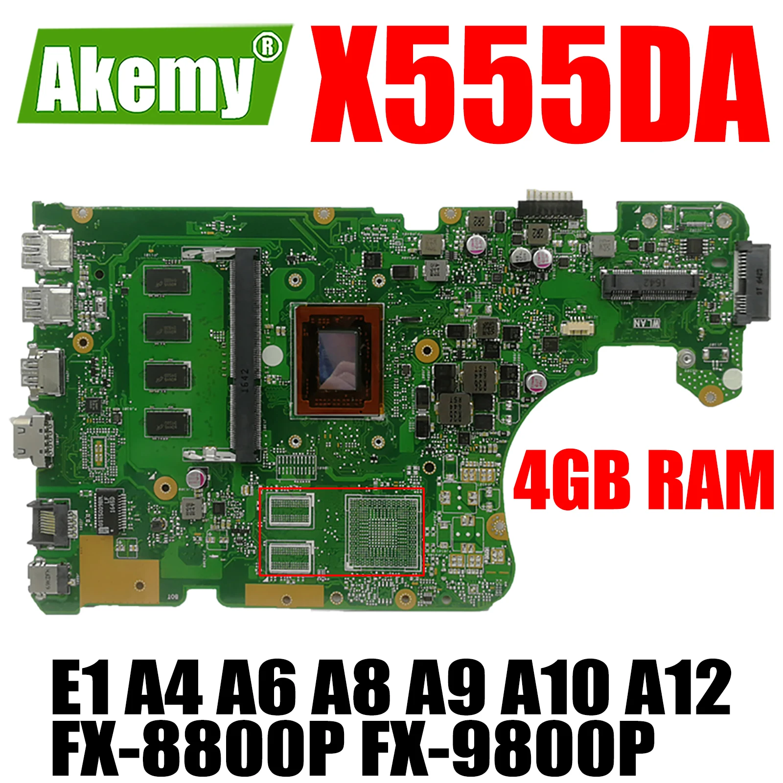 

X555DA mainboard For Asus X555YI X555YA X555D X555QG X555Y laptop motherboard E1 A4 A6 A8 A9 A10 A12 FX-8800P FX-9800P 4GB RAM