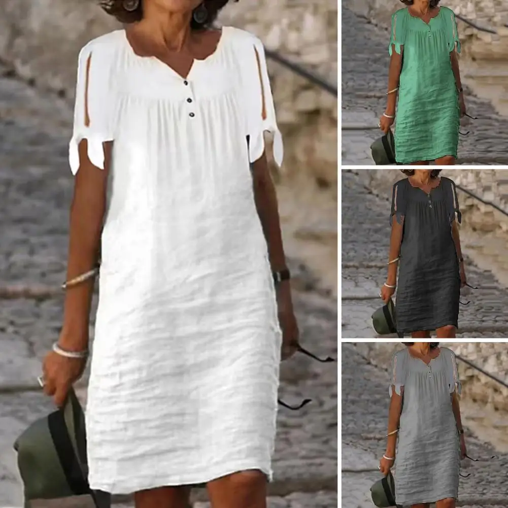 

Платье женское средней длины на пуговицах, шикарная уличная одежда, однотонное мини-платье свободного кроя с V-образным вырезом, разрезом и рукавами-бантиками, на лето