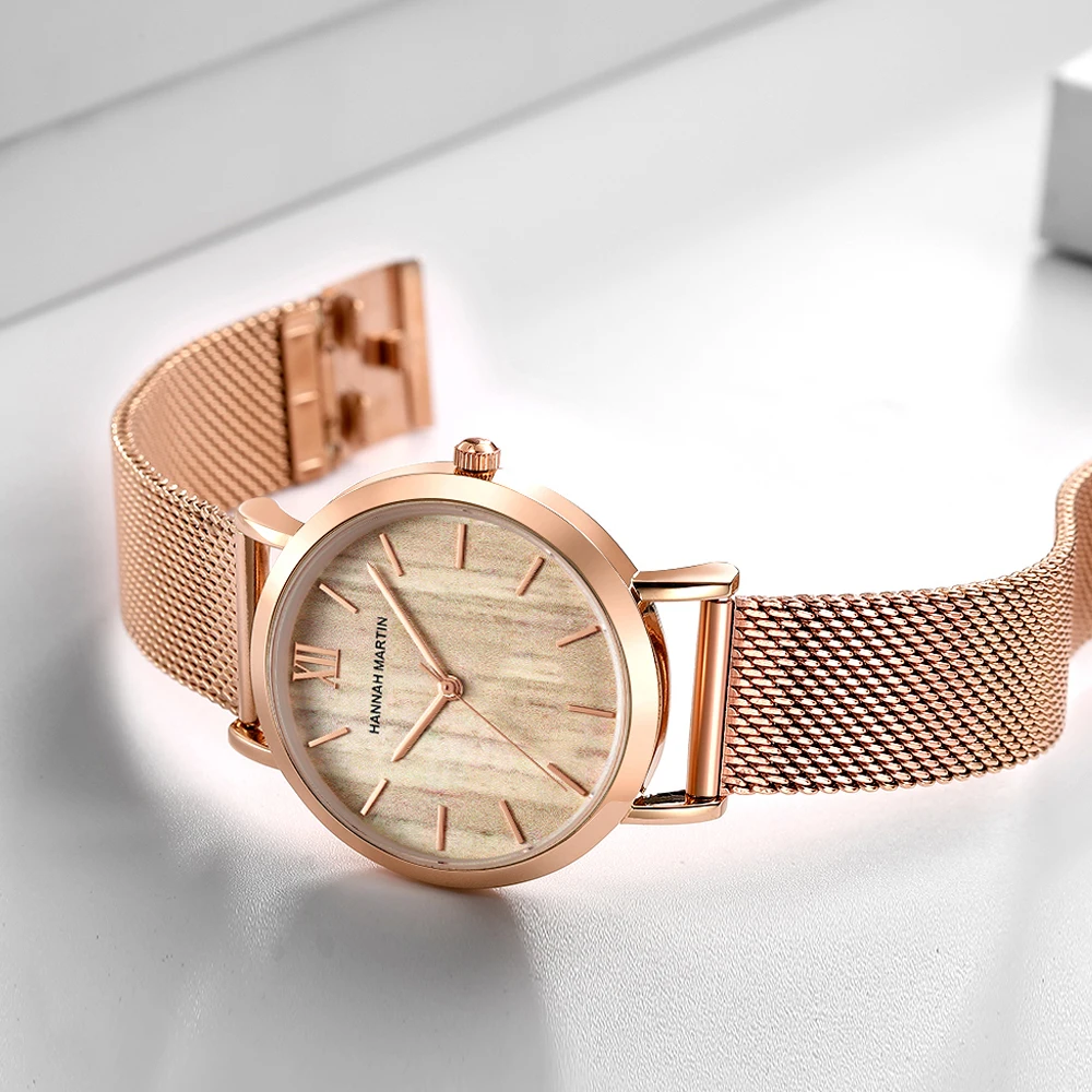 

Wood Grain Walnut Japan Quartz Movement Ladies Watches Luxury Brand Stainless Steel Mesh Band Waterproof Women Wrist watches