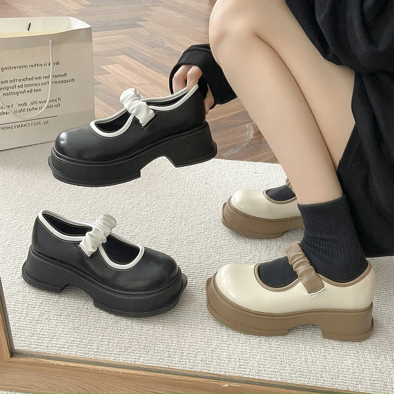 

BKQU Mary Jane Small Leather Shoes Women's 2022 New Pleated Elastic Belt Women's Shoes Platform Thick Bottom Round Toe Shoes