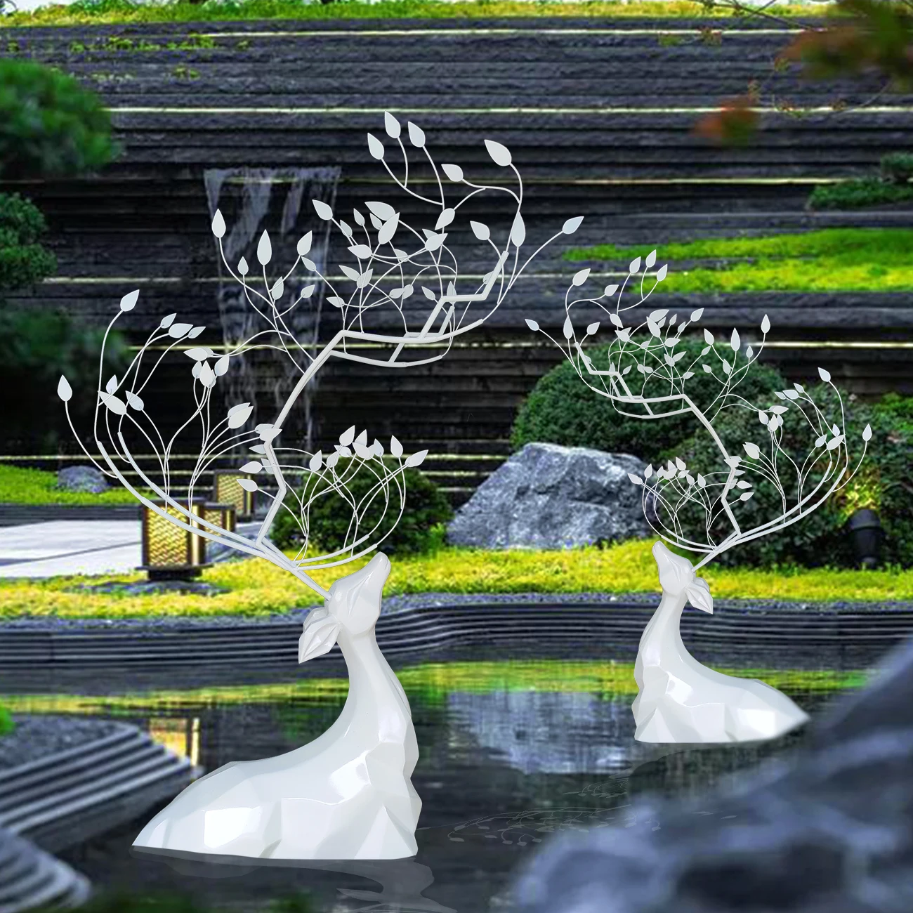 

Modern Light Luxury Creative FRP Wht Sculpture Geometric Abstract Sika Deer Pool Decoration Outdoor Hotel Decoration