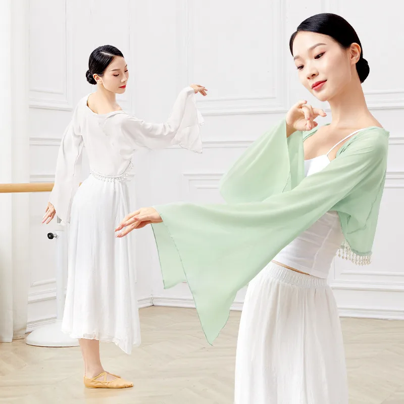 

Classical Dance Costume Women Flared Sleeve Solid Tassel Tops Ballet Yoga Sport Costume Chinese Folk Dances Coat Clothes
