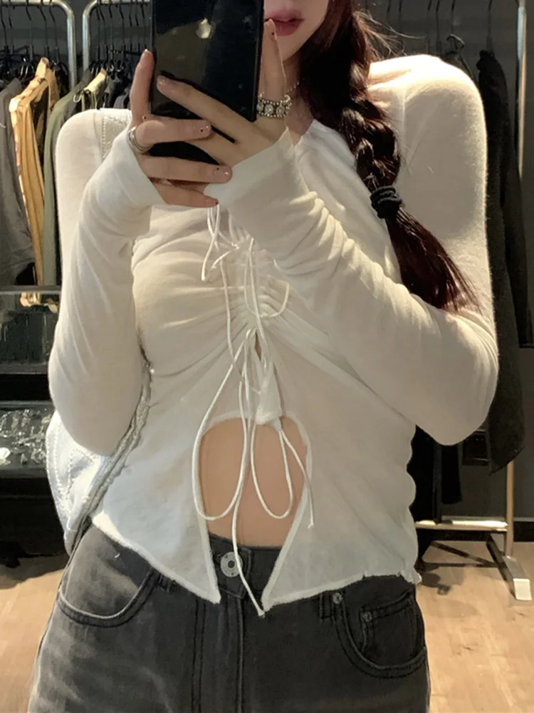 

Lacing Strap T Shirt for Women 2023 New In Long Sleeve Sexy Clothing Korean Fashion Solid Slim Crop Tops 2000's Clothes Y2k