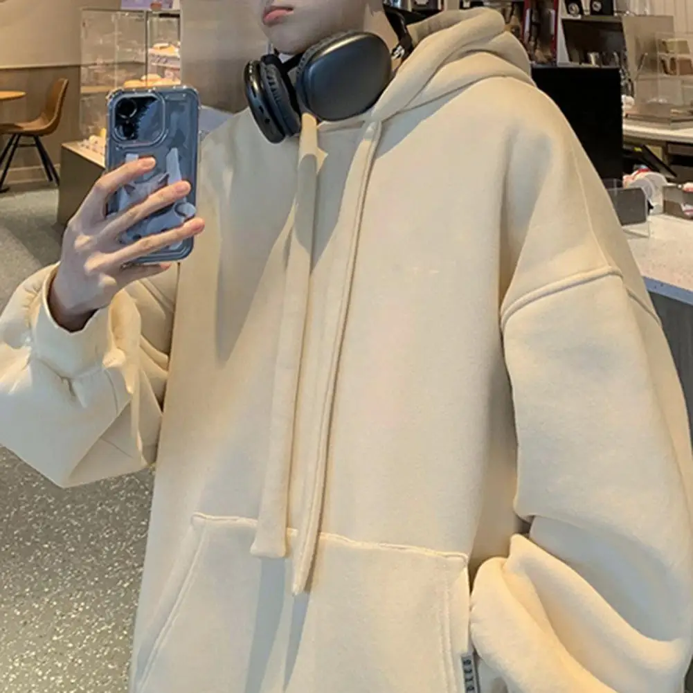 

Men Fall Hoodie Cozy Men's Winter Hoodie Thickened Loose Drawstring Pullover with Big Patch Pocket Soft Stylish Streetwear Warm