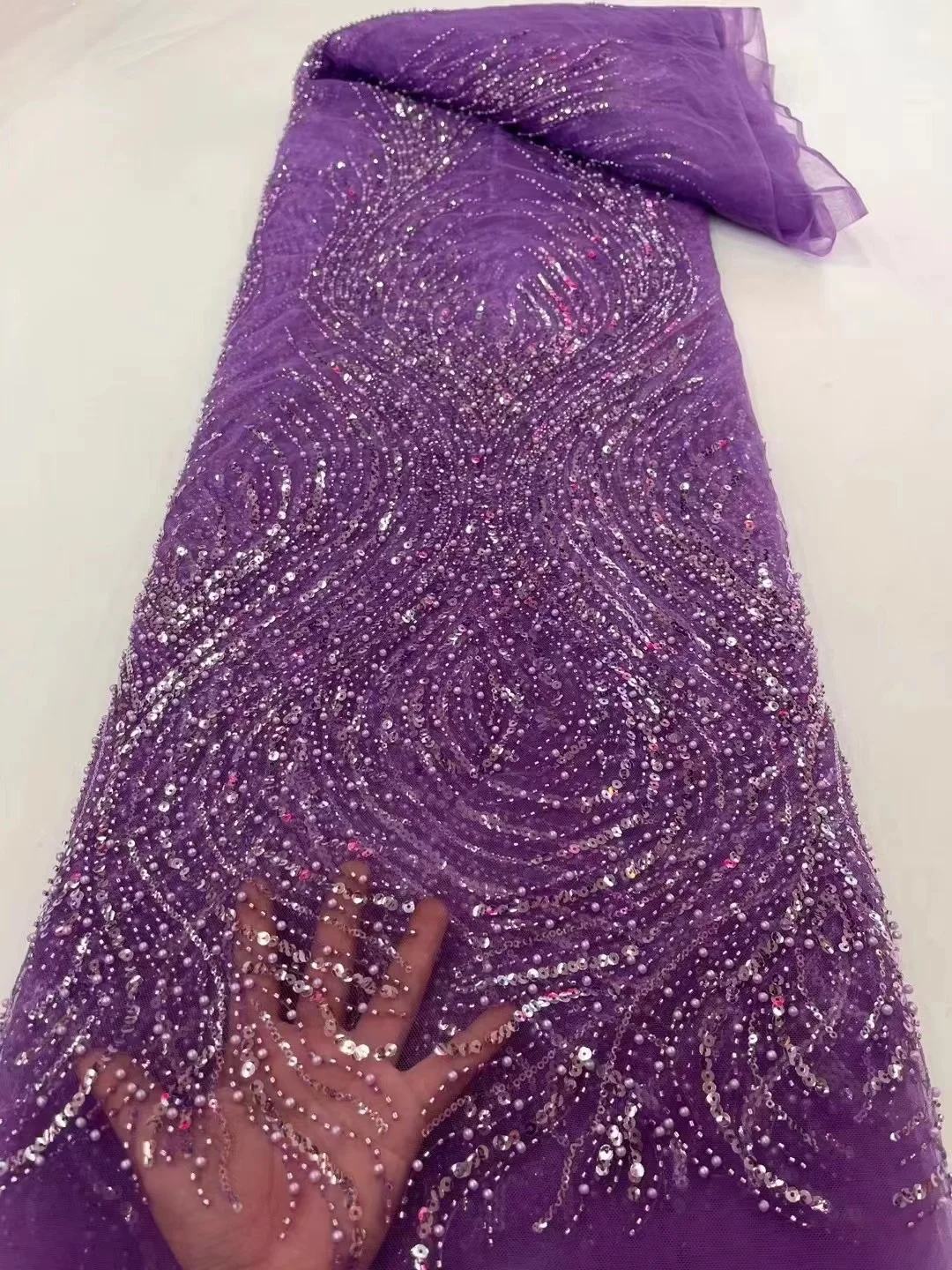 

Purple Latest Gorgeous Beads and Sequins african lace fabric High-End Tulle French Shining Lace fabric Luxury Evening Dress