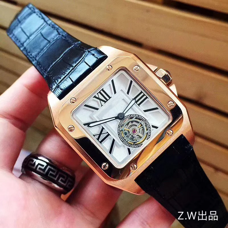

mens mechanical watch automatic Gold black blue leather Tourbillion