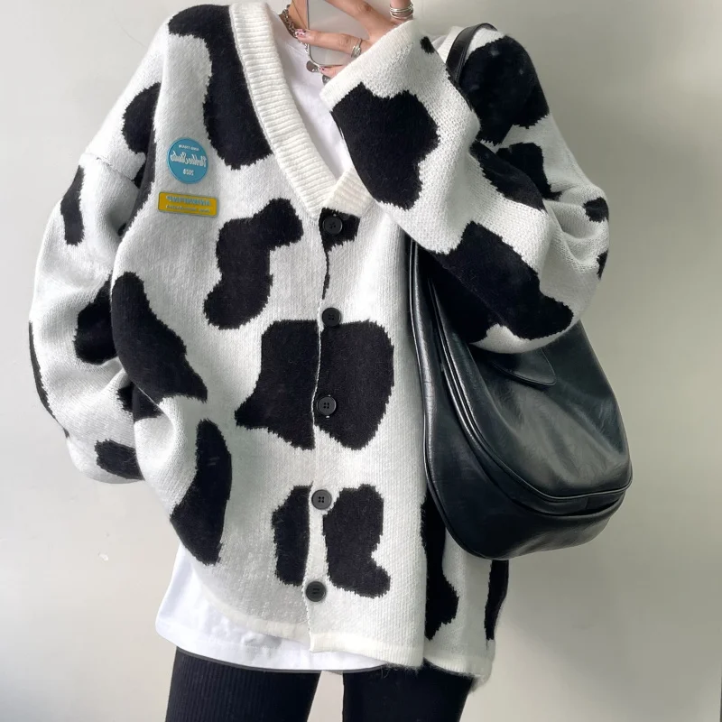 

Japanese Cow Thick Coat Women Loose Sweater 2023 Autumn Winter New Korean Lazy Knitted Top Oversized Cardigan kawaii harajuku