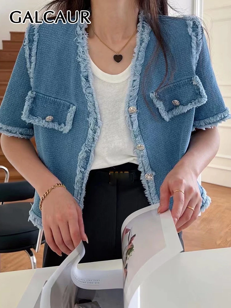 

Куртка женская джинсовая с коротким рукавом, однобортная, с карманами