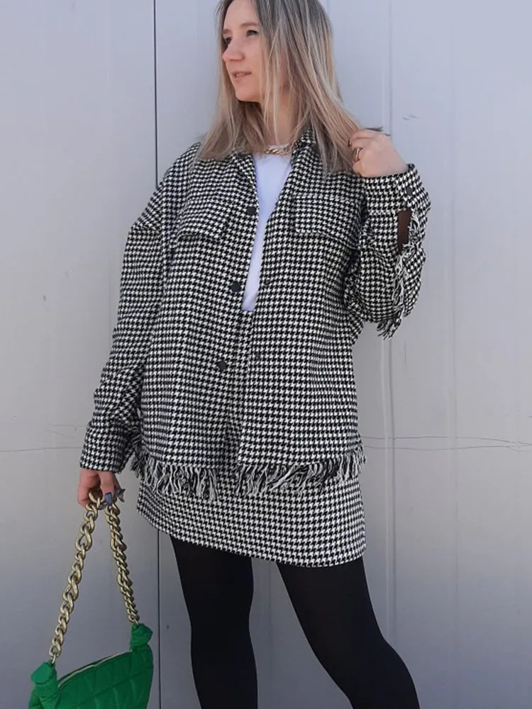 Women's Shirts JacKets Loose Blouses Femme Plaid Long Sleeves Houndstooth Spring Outwear Workwear New Design Mujer Blusas TRF
