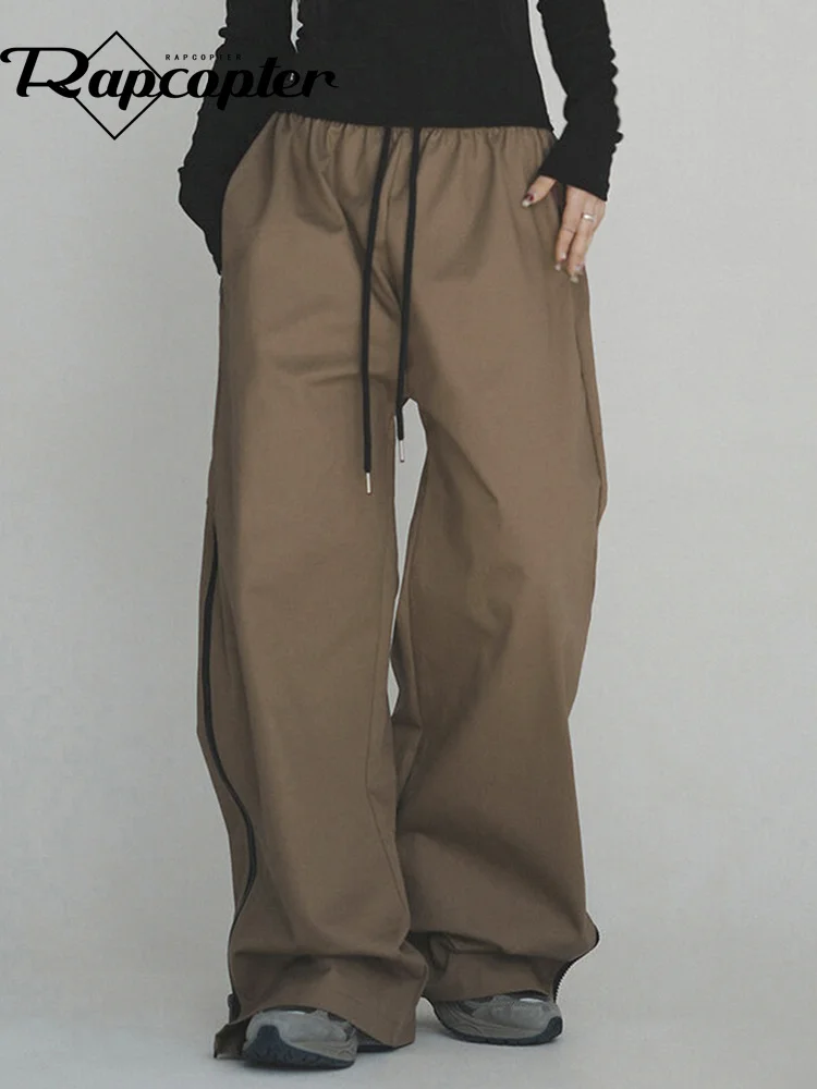 

Khaki Side Striped Sweatpants Korean Vintage Baggy Pockets Sporty Harajuku Joggers Women Hippie Pants 90s