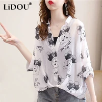 summer cartoon print loose casual shirt women short sleeve elegant fashion aesthetic blouse female all match chic lady pullover