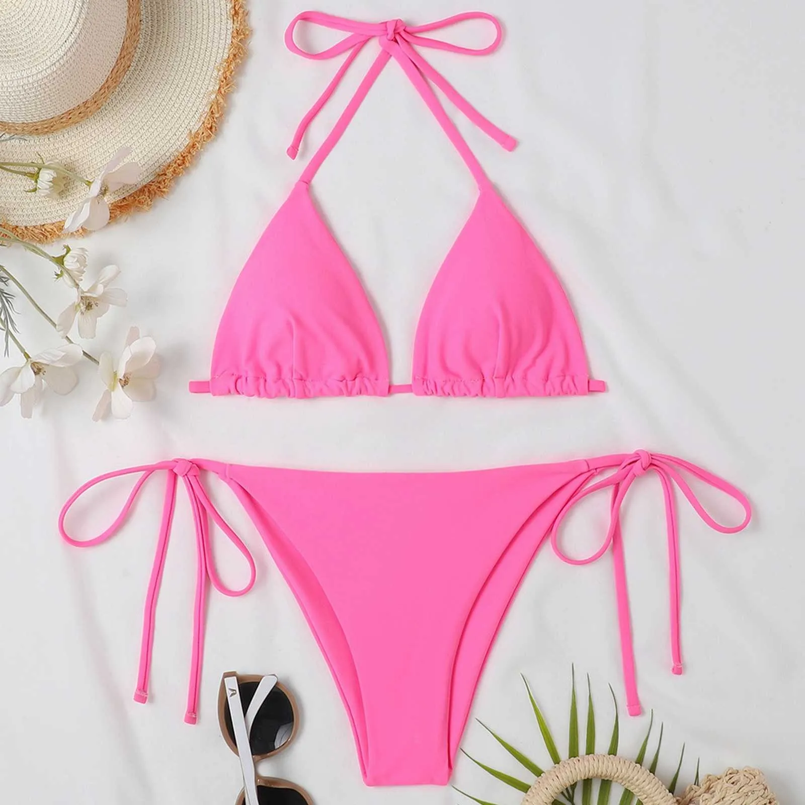

2023 New Pink Belt Chest Pad No Steel Support Fashion Sexy Tie Split Backless Swimsuit Women Swimsuits Two Piece Shorts