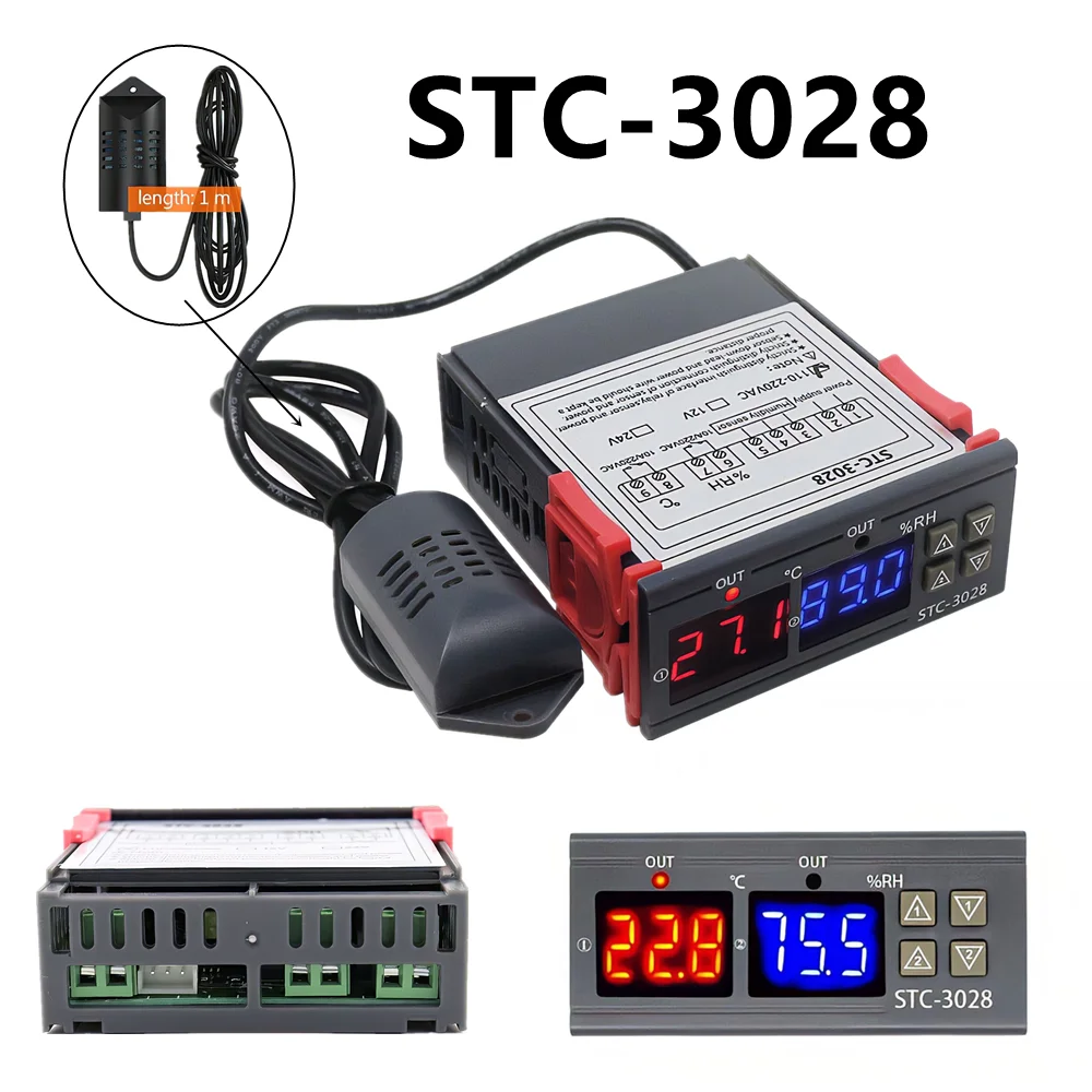 STC-3028 двойной цифровой термостат температура DC 12V 24V контроль влажности C/F с двумя