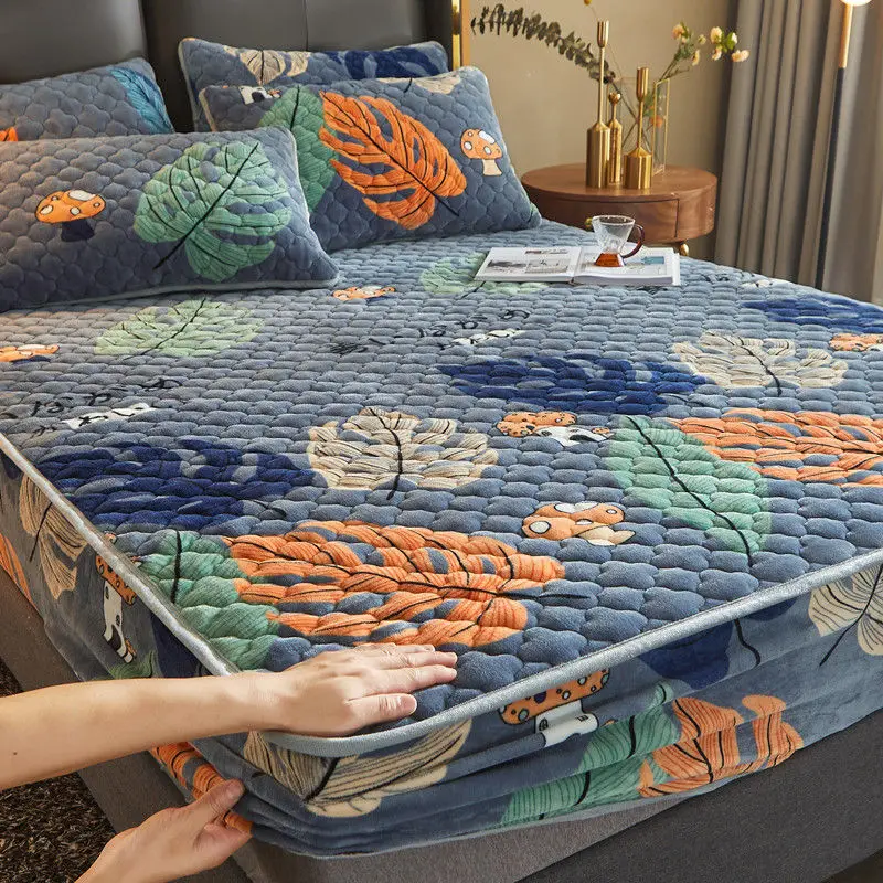 

Winter Milk Velvet Print Quilted Fitting Falley Fitted Sheet Crystal Fleece Quilted Mattress Cover Fleece Double Quilted Fitted