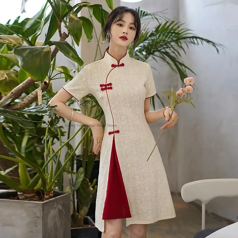 

Ethnic Style Improved Cheongsam Young Lady Summer New women's Elegant Red Qipao Chinese Dress Oriental Traditional Costume