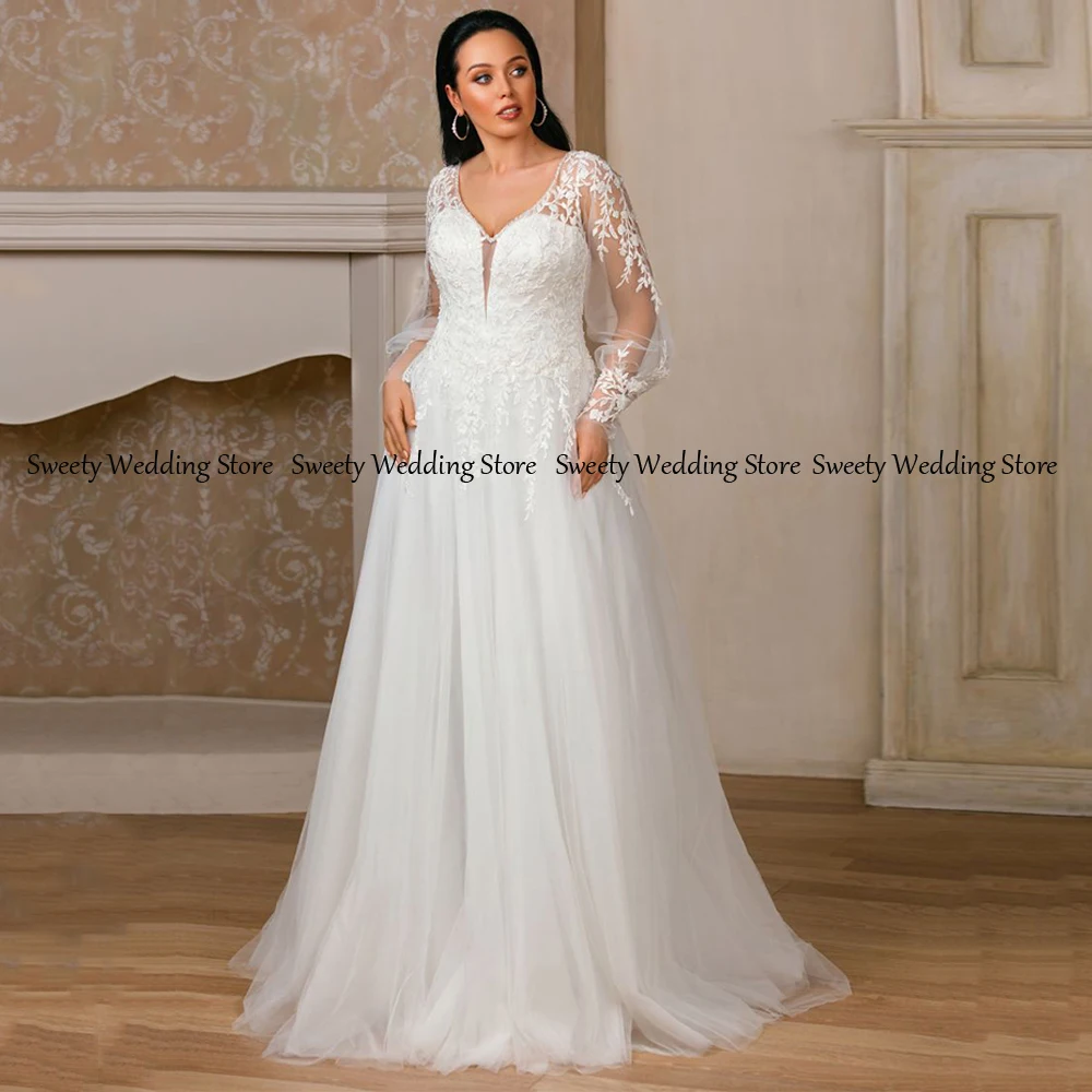 

Jiayigong Princess Wedding Dresses Plus Size See-through Long Sleeves V Neck Appliques Soft A Line Bridal Gown Vestido Noiva