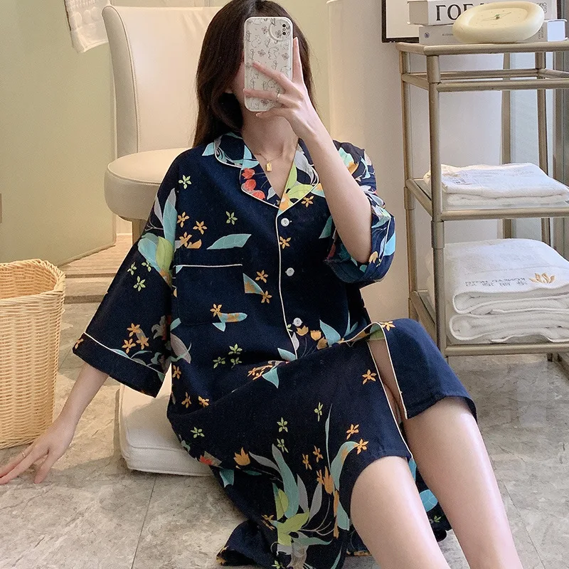 Women's Summer Thin Turn-Down Collar Shirt Dress Pajamas Fresh Printing Three Guarter Sleeve Cotton Luxury Designer Clothing
