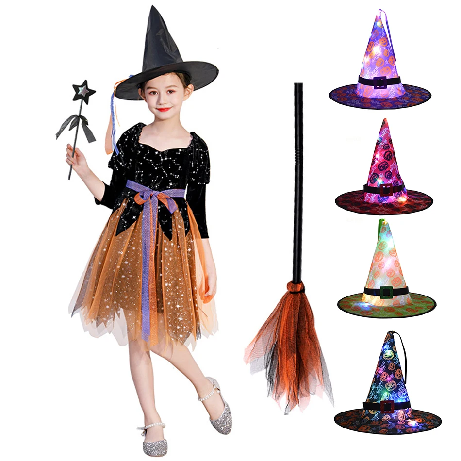 

3pcs Kids Witch Hats Masquerade Ribbon Wizard Hat Costume Party Birthday Witches Top Pointed Caps Dressed Up Cosplay Props