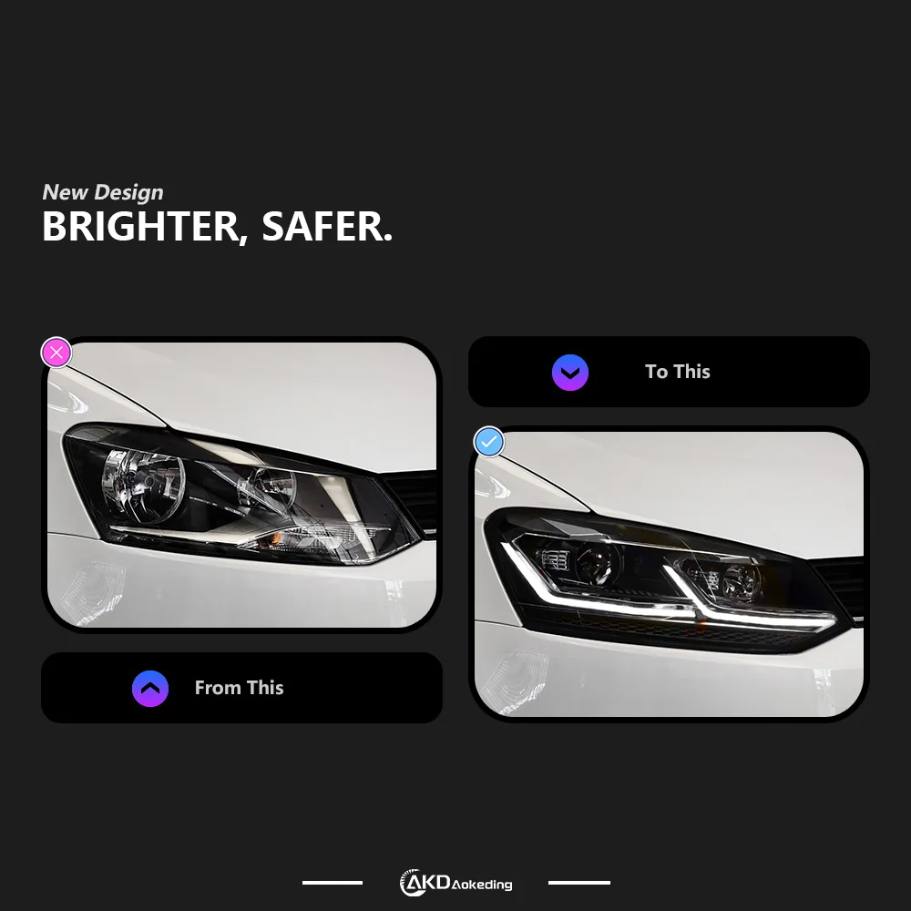 Фото Фара AKD для VW Polo, светодиодная фара 2011-2018, фары POLO с ДХО, указателями поворота, дальним светом, линзой-проектором Angel Eye №2