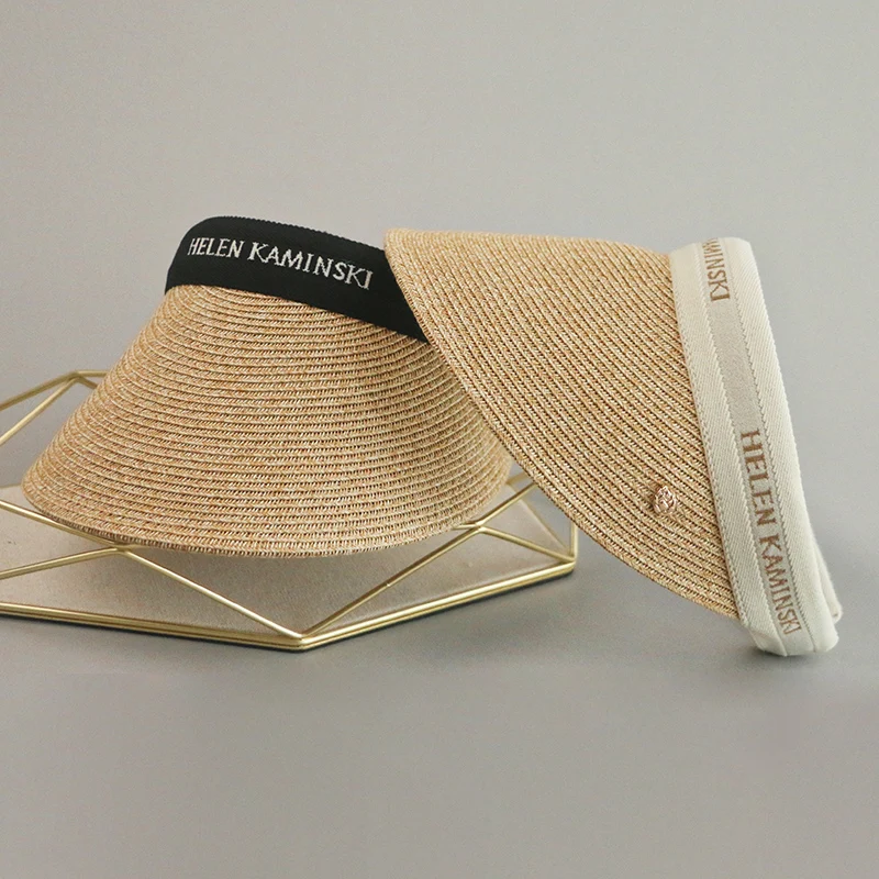 

Summer Luxury Brand Beach Hat Women Fashion Sunscreen UV Protection Empty Top Sun Hat Straw Woven Travel Vacation Visor Cap