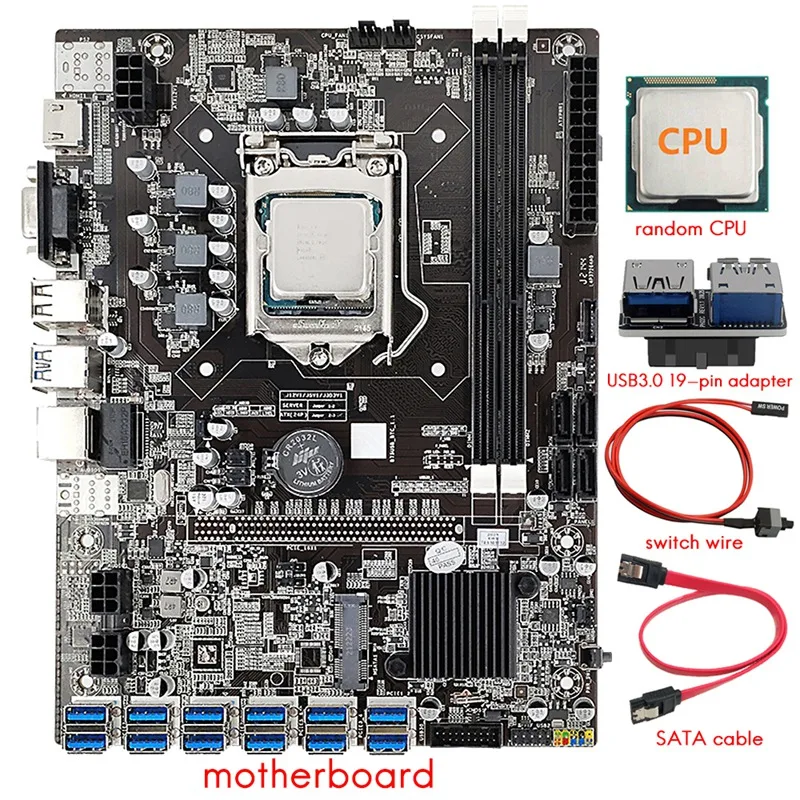 B75 12 Card BTC Mining Motherboard+CPU+USB3.0 19-Pin Adapter+SATA/Switch Cable 12 USB3.0 (PCIE)Slot LGA1155 DDR3 SATA3.0