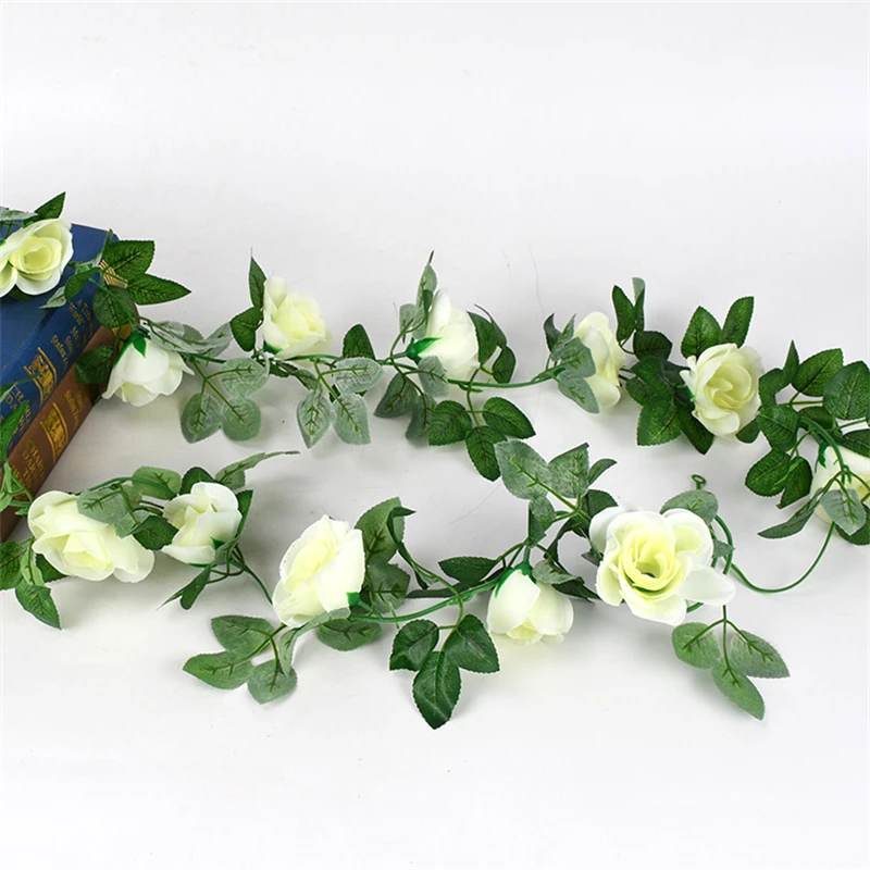 

White Artificial Rose Artificial Plant Flower Vine String Wreath 16 Pieces Roses Home Garden Wedding Party Ornament