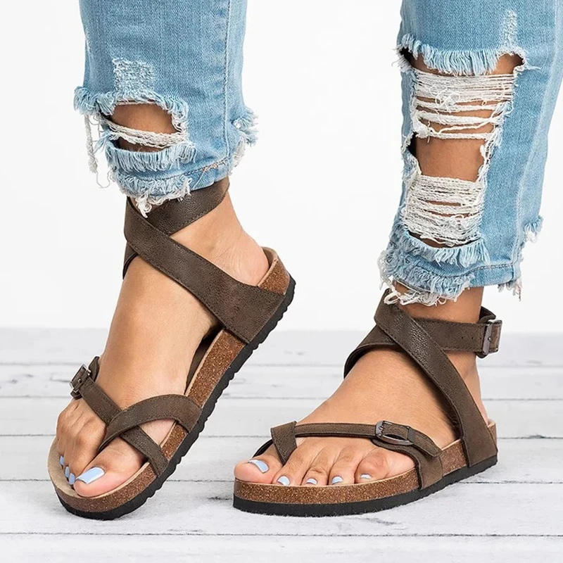 

Summer Flat Cork Roman Sandals Women's Belt Buckle European and American Comfortable Large Size Thick Bottom Open Toe Outdoor