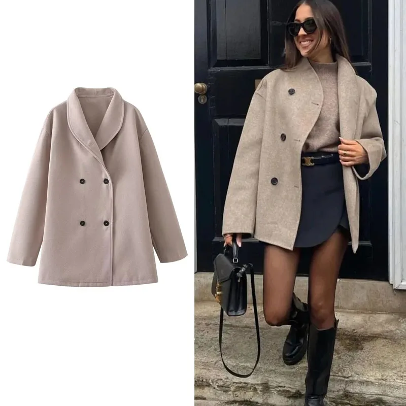 

Женское двубортное пальто с отложным воротником, длинным рукавом