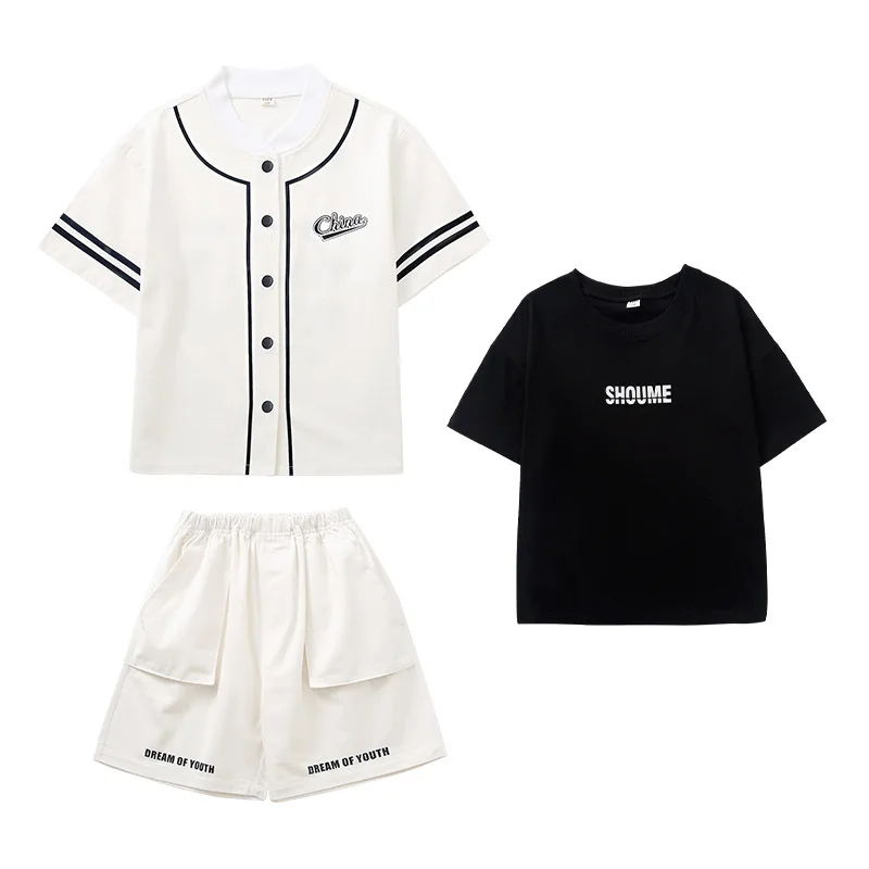 

Teen Boys Summer Clothing Cardigan Baseball Shirt Short Sleeve Tops Cargo Shorts Kids Kpop Hip Hop Costumes Children Sport Sets