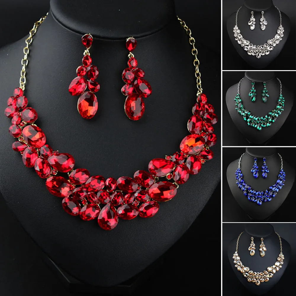 

Luxury Crystal Rhinestone Statement Necklace Earrings Jewelry Set for Women Bridal Wedding Party Choker Bibs Collar Accessories