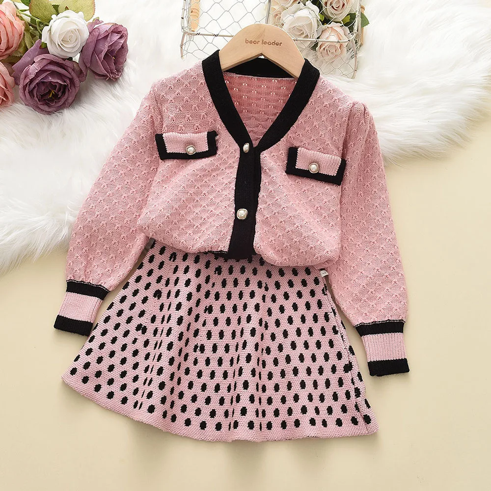 

Girls Set Clothes 2022 Winter Autumn New Kids Knitted Retro Long Sleeve Top + Short Skirt Two Piece Fashion Girl Sweater Suits