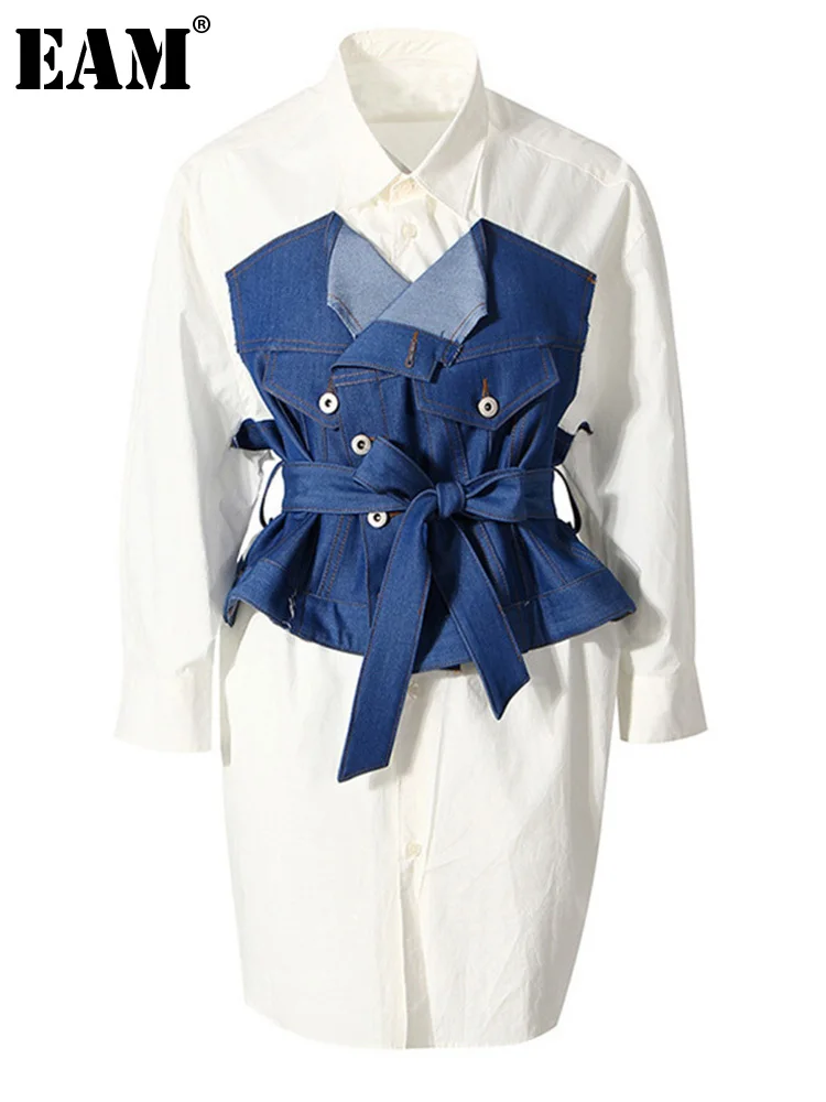 

[EAM] Women White Double Breasted Denim Shirt Dress New Lapel Long Sleeve Loose Fit Fashion Tide Spring Autumn 2022 1DE0055