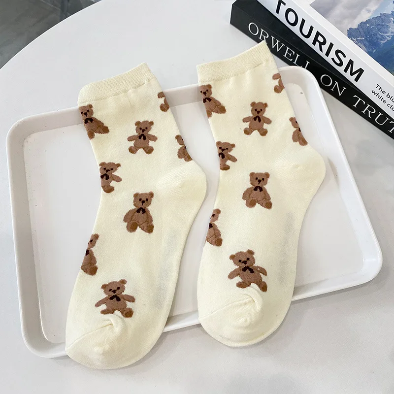 5 Pairs Women's Socks Set Cute Bear Cartoon Harajuku Style Cotton Short Sock Women Lolita Kawaii Funny Woman Socks Cotton