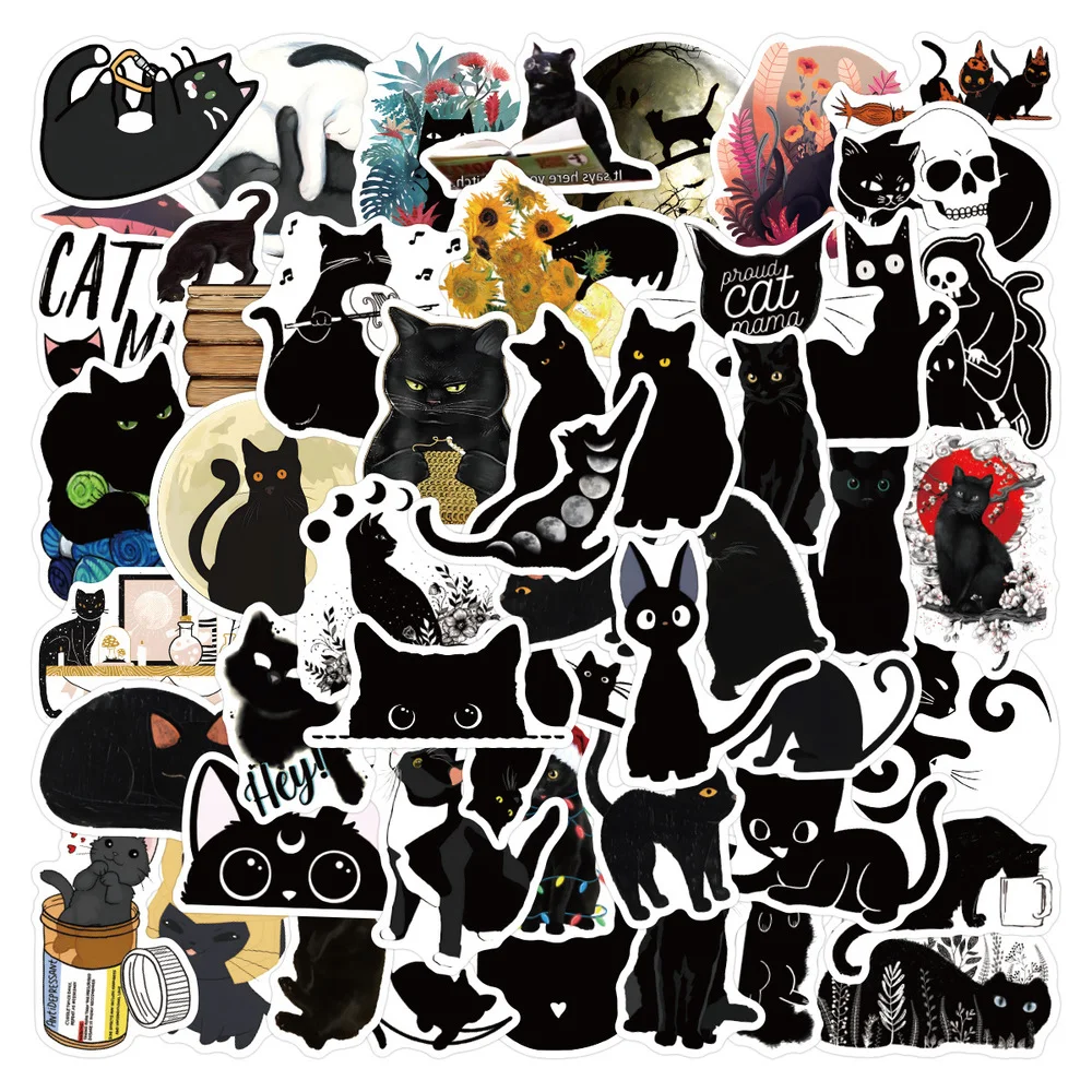 

50PCS Funny Black Cat Graffiti Stickers Cartoon Creative Black Cat Stickers for DIY Luggage Laptop Bicycle Stickers