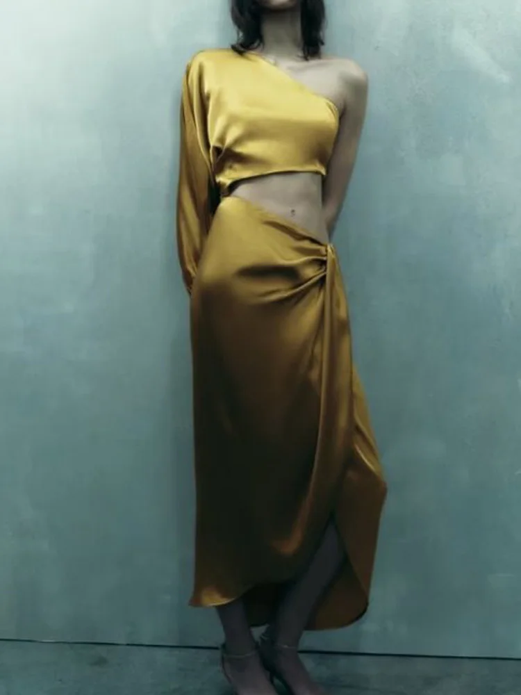 

2023 Women Summer Satin Dress Fashion Solid Asymmetric Hollow Out Diagonal collar Female Elegant Street Dresses Clothing