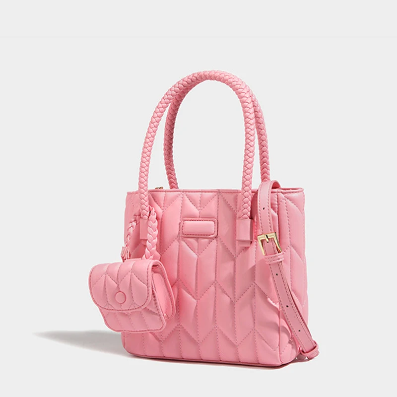 

Ins Paragraph Pink Tote Bags for Women Lingge Pleated Niche High-end Purses and Handbags Cute Texture Women's Shoulder Bag