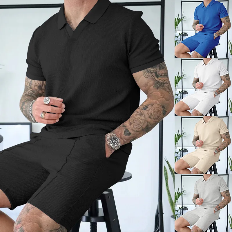 Men's Two -piece Two -piece Herfger Lapel Solid Color Thin Casual POLO Short -sleeved Shorts Set