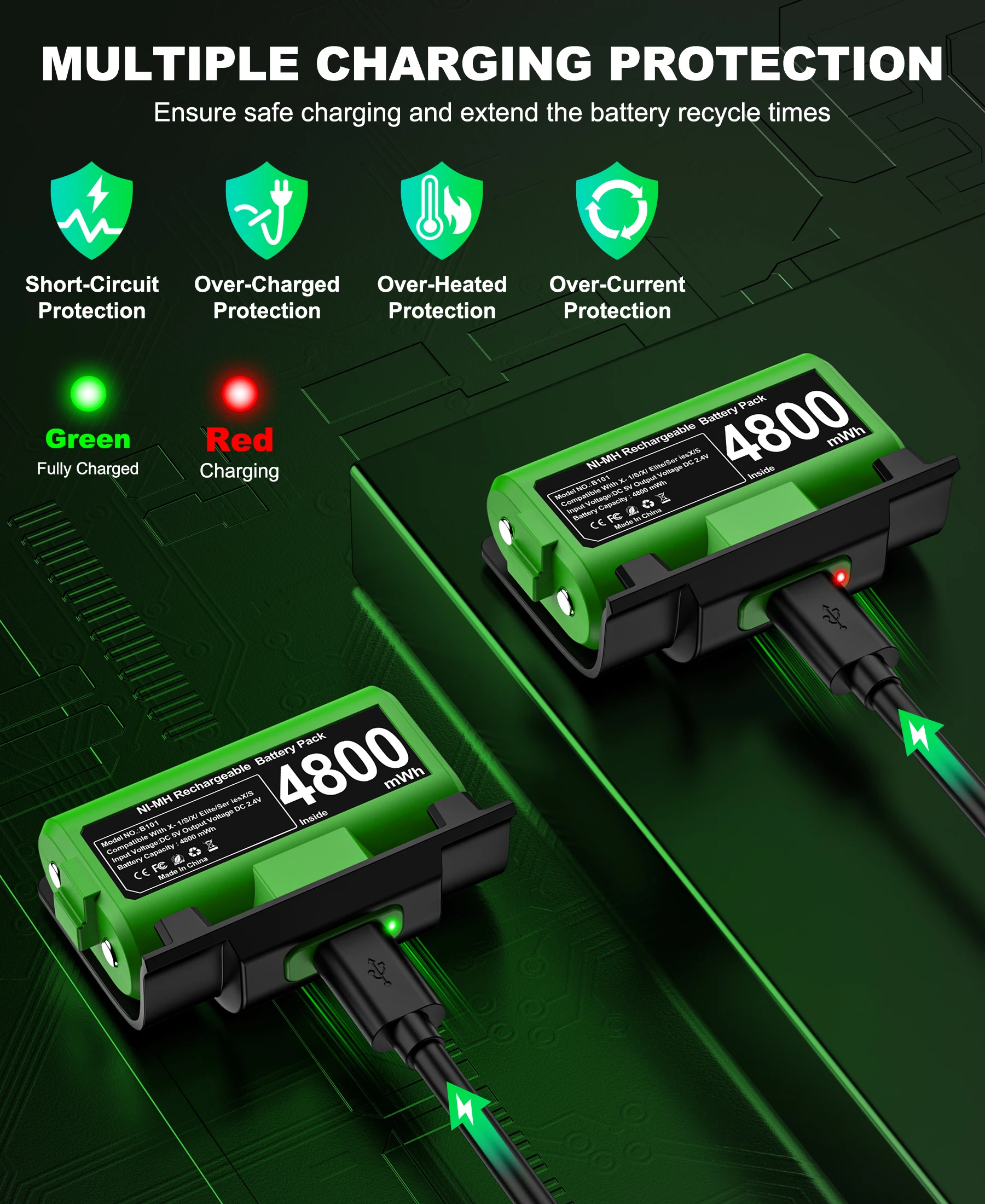 Фото Перезаряжаемый аккумуляторный блок BEBONCOOL для геймпадов Xbox One, 2 аккумулятора по 4800 мВтч для контроллеров Xbox Series X/S с кабелем Type-C №4