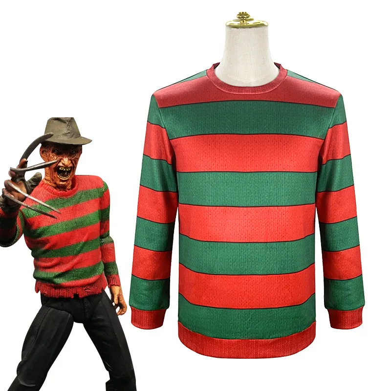 

Freddy Krueger Cosplay Costume Adult Red Green Striped Top Suit Freddie Krueger Halloween Party Stage Performance Clothes