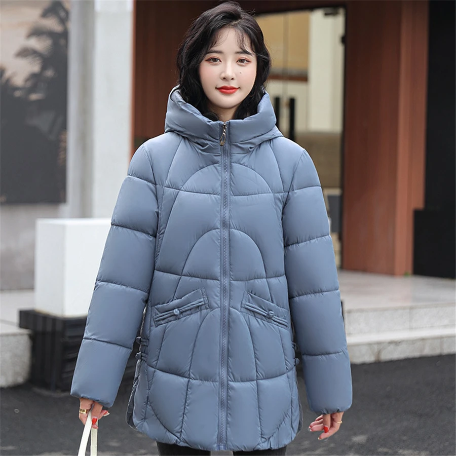 Loose Winter Hooded Down Cotton Mid-length Coat Thicken Women Warm Parka Oversized Windbreaker Outwear Casual Chic Snow Jacket