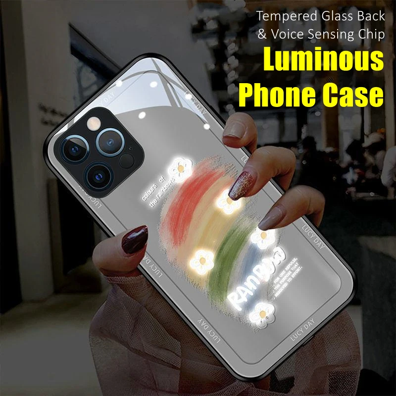 

Rainbow Flower LED Light Glowing Luminous Tempered Glass Back Phone Case for iPhone 11 12 13 14 X Xs Xr Mini Pro Max Plus Cover