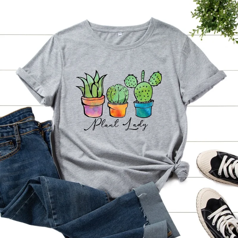 

Women Summer Daily Regular 100% Cotton Short Sleeve Female Casual T-shirt Plants Print Ladies Fashion Graphic Round Neck Tee Top
