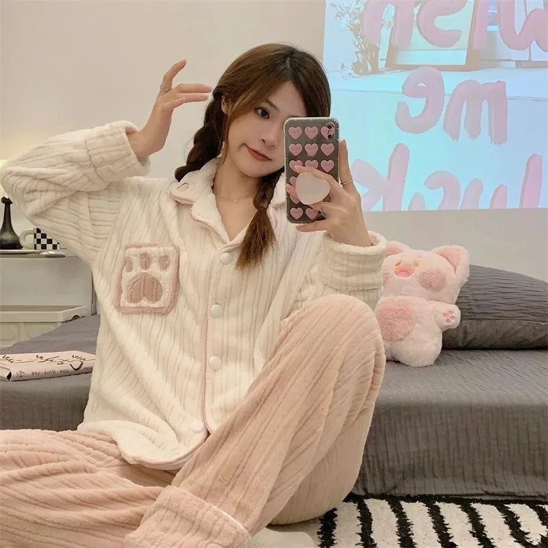 Yasuk Autumn Winter Cute Women's Casual Lovely Sweet Girl Warm Soft Sleepwear Loose Pajamas With Pants Cat Paw Velvet Simple