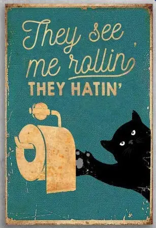 

MUXILIN They Hatin Black Cat Toilet Plaque Poster for Cafe Bar Pub Beer Wall Metal Decor Art Gift Tin Sign Wall Decor 8x12
