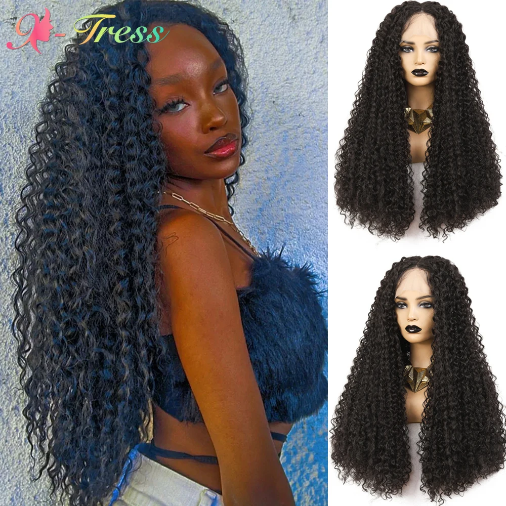 

X-TRESS Synthetic Curly Lace Front Wig 26 Inches Dark Brown Fluffy Deep Wave Hair Wig with Natural Hairline for Black Women