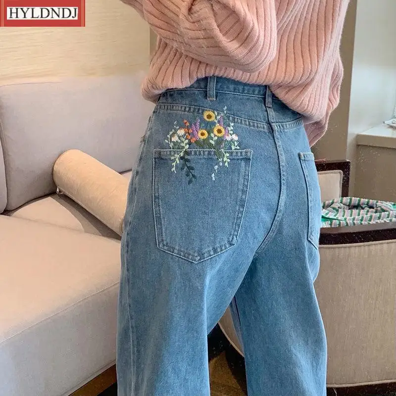 Spring New Embroidered High-Waisted Simple Jeans Straight-Leg Loose and Thin Casual Wide-Leg Pants Women's Korean Version