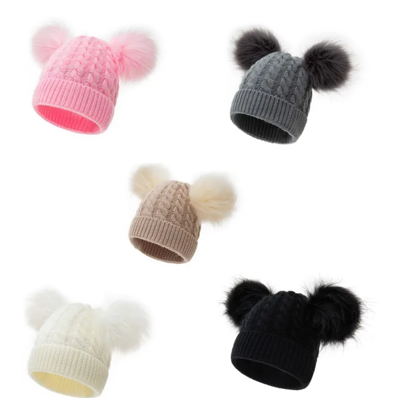 

Winter Warm Knit Hat Furry Balls Pompom Solid Warm Cute Lovely Beanie Cap Solid Color Newborn Comfortable Baby Kids Girls Boys