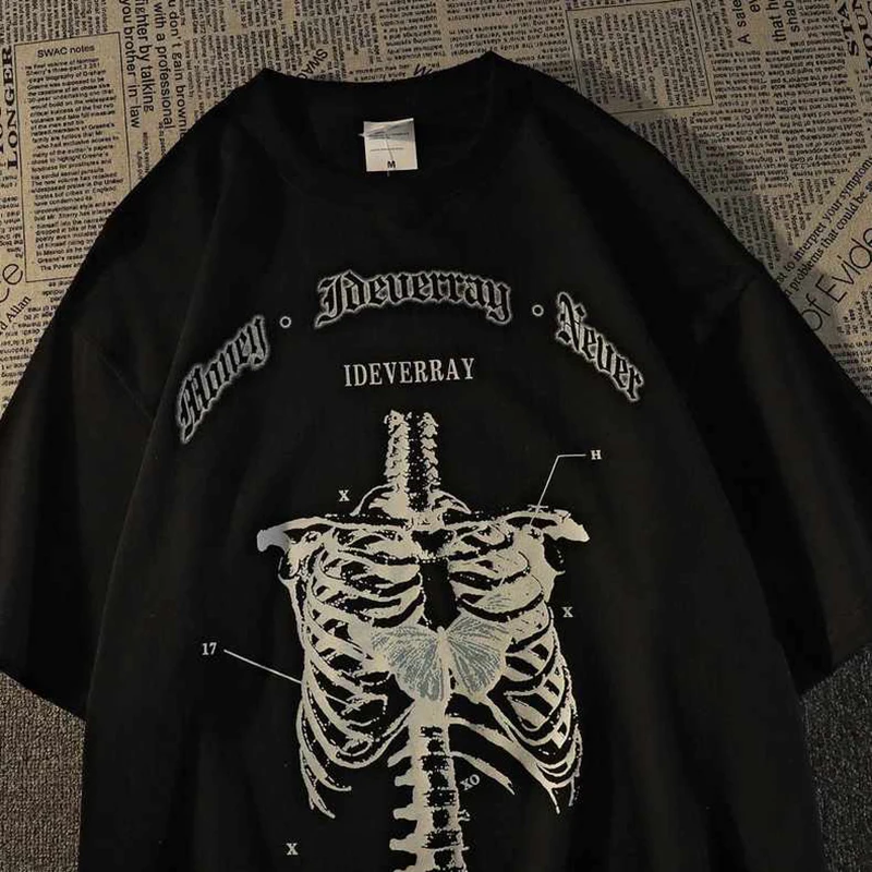 Women T Shirt Grunge Aesthetic Goth Skeleton Print Short Sleeve T-Shirts Female Dark Fashion Streetwear Graphic Tee Unisex tops